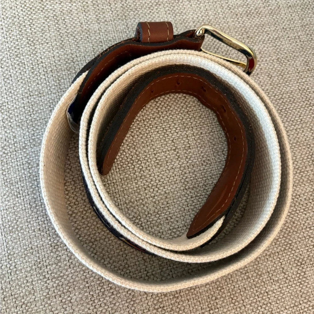 Navy Nautical Ribbon Canvas Belt with Brown Leather Trim